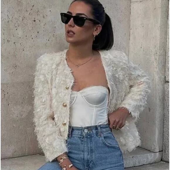 NEW Zara Cream Sequin Cropped Blazer Medium - Picture 2 of 13